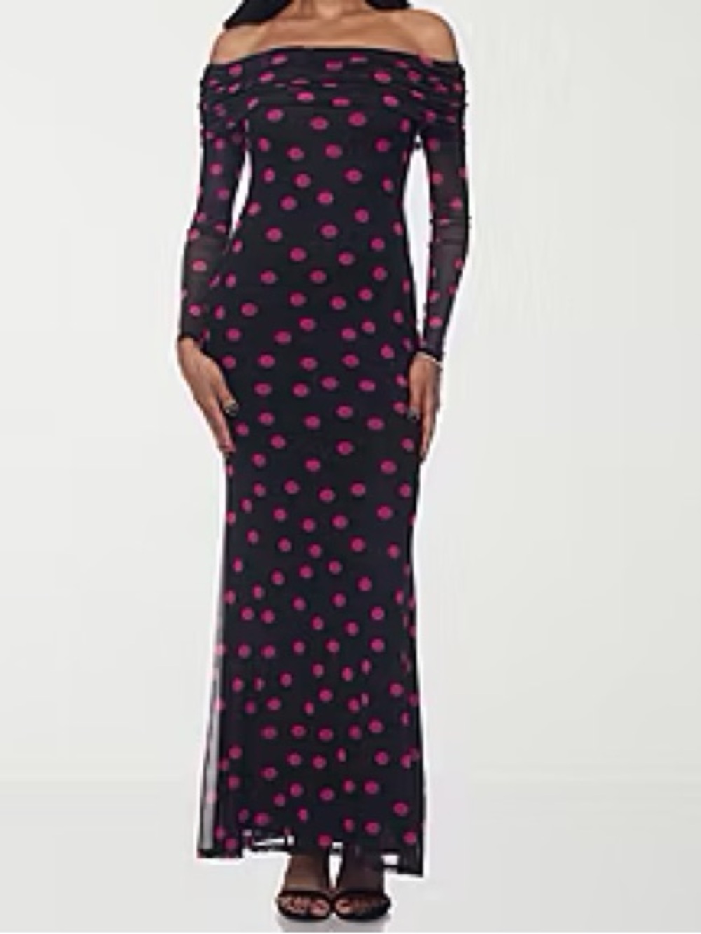 Off-Shoulder Black Maxi Dress with Pink Polka Dots